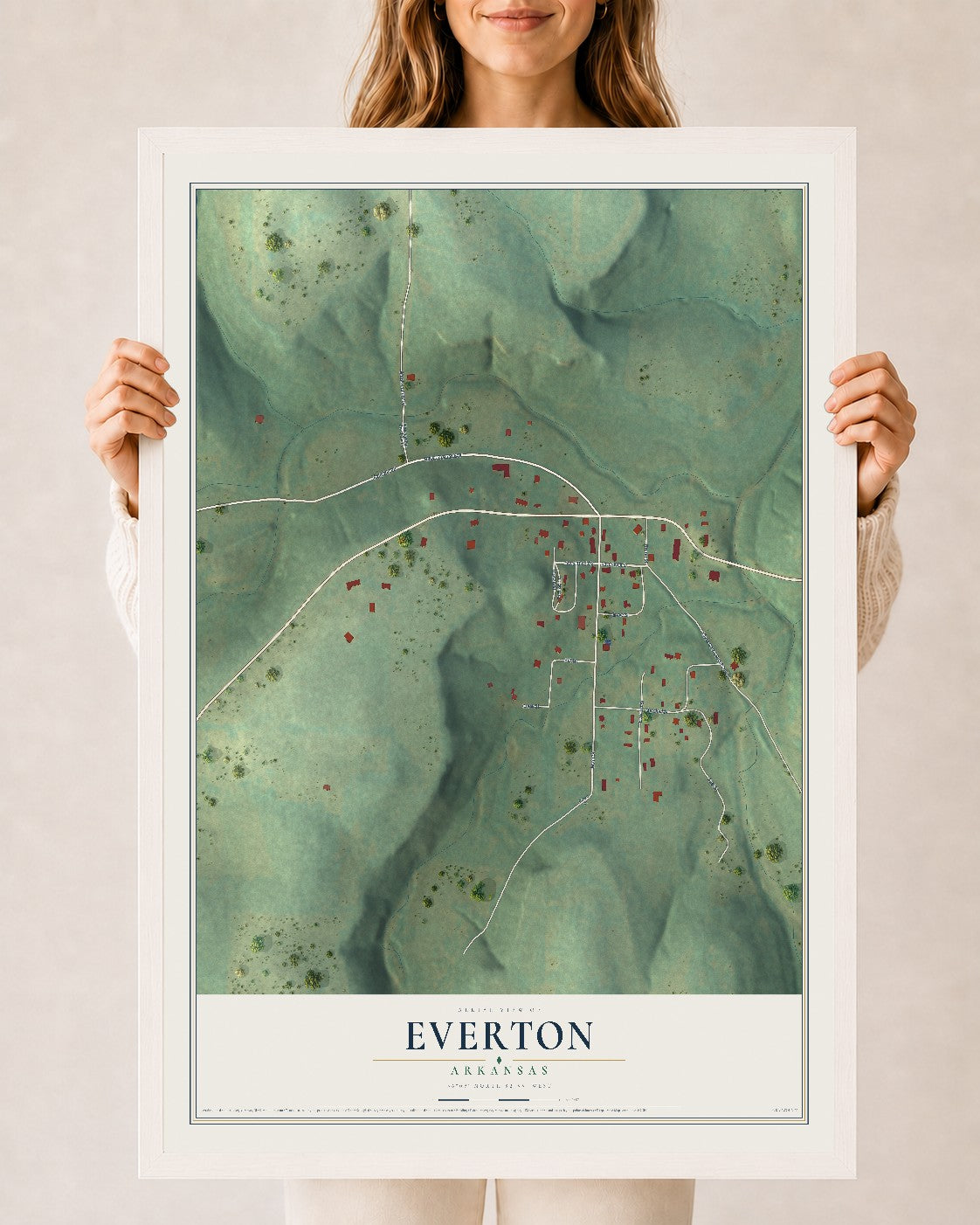 Map of Everton, Arkansas, 24 x 36 inch print in a white wood frame