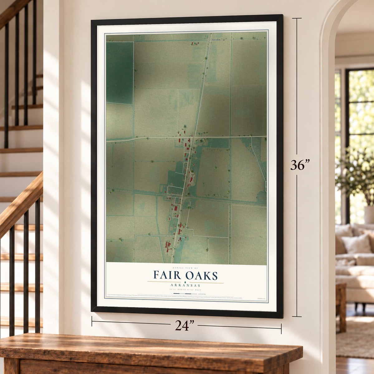 Fair Oaks, Arkansas map, 24 x 36 inch print in a black frame by a staircase