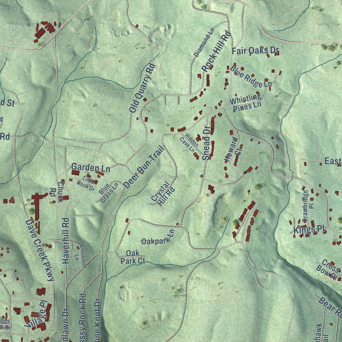 Close-up of the map of Fairfield Bay, Arkansas print showing street and building detail