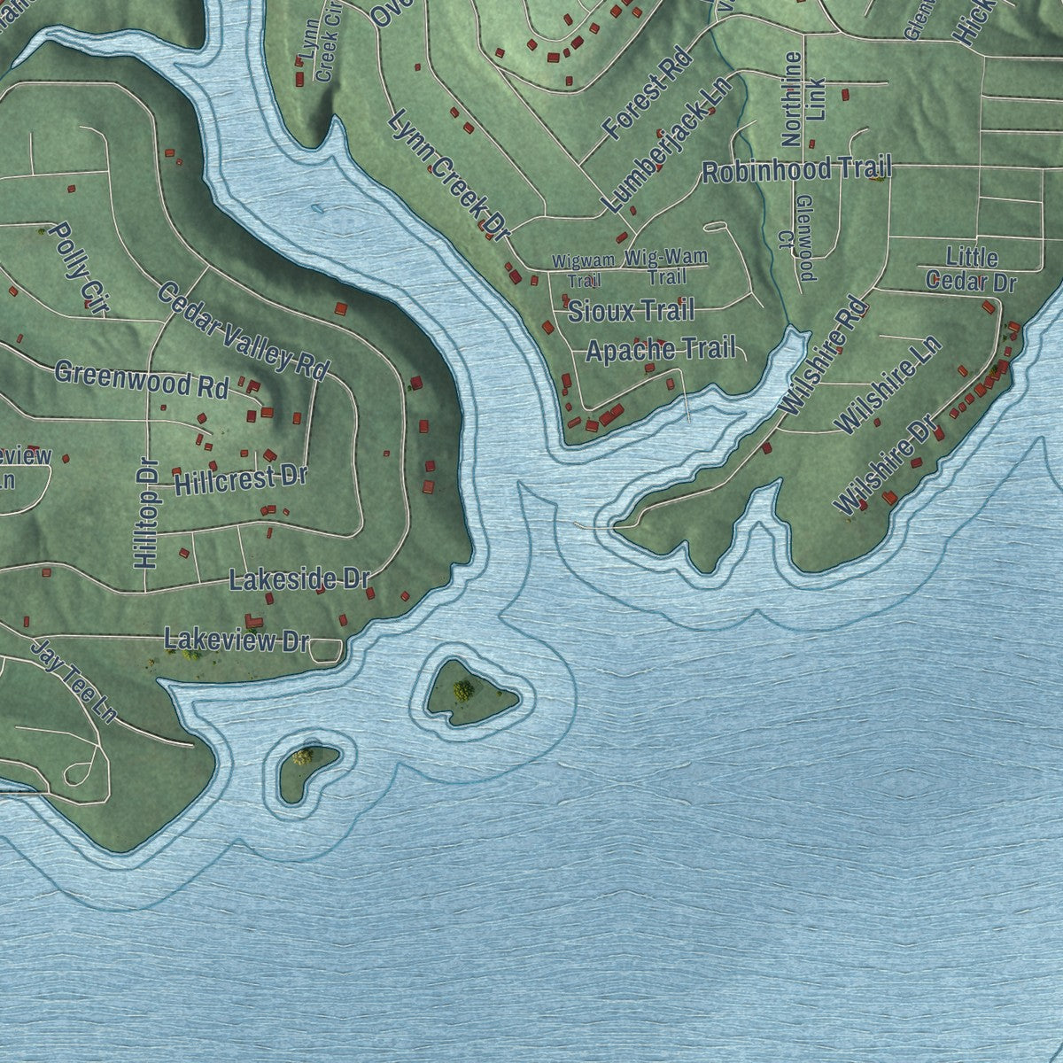 Second close-up of the map of Fairfield Bay, Arkansas print showing more streets and buildings