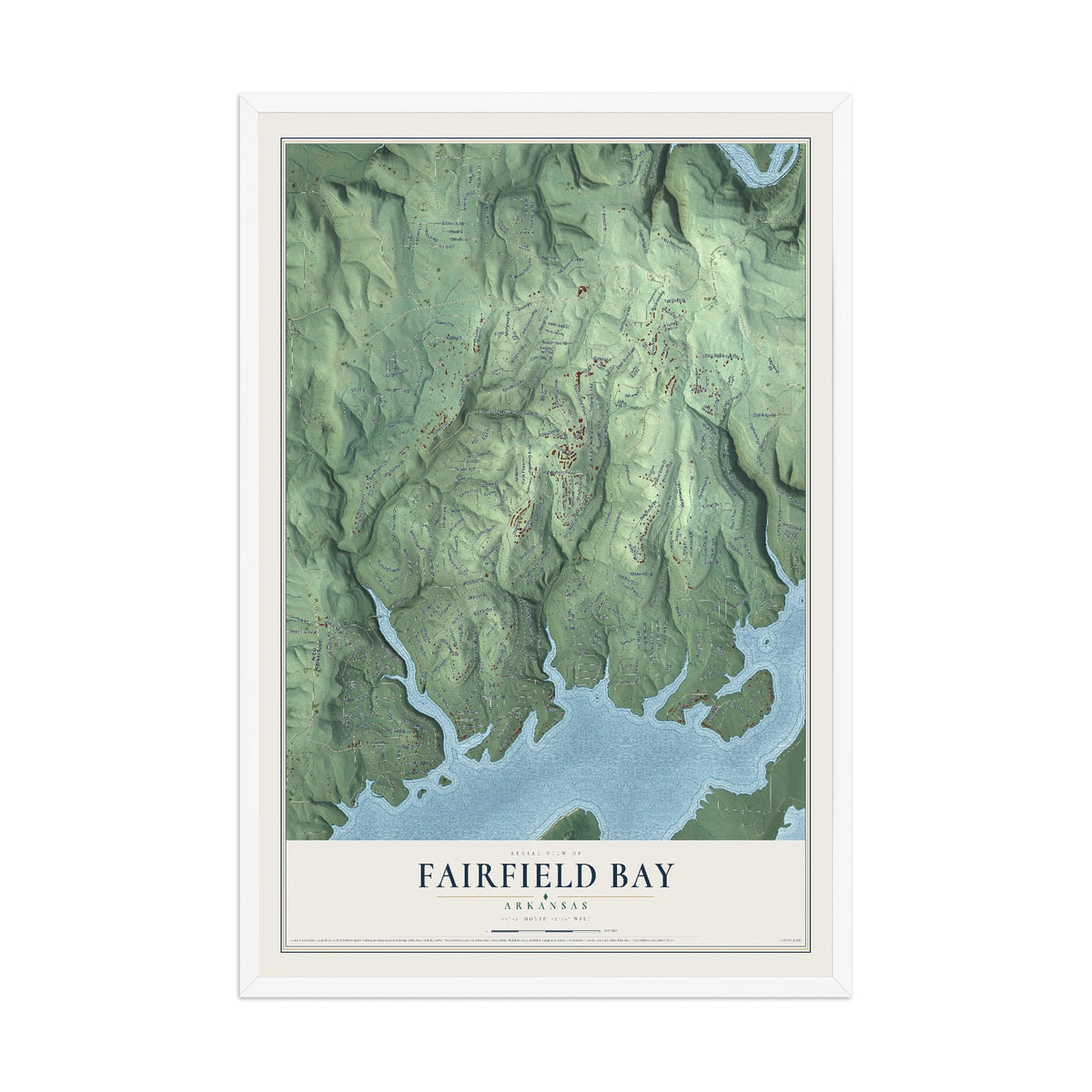 Map of Fairfield Bay, Arkansas, 12 x 18 inch print in a white wood frame
