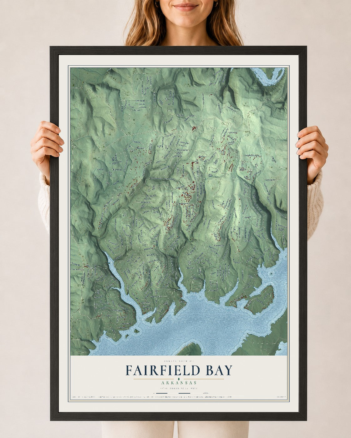 Map of Fairfield Bay, Arkansas, 24 x 36 inch print in a black wood frame