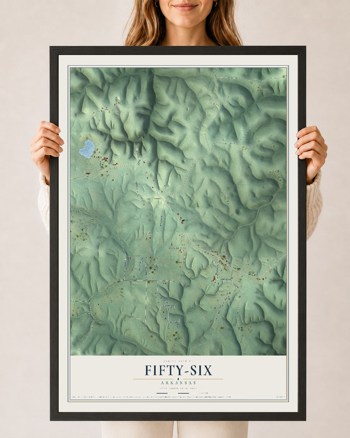 Map of Fifty-Six, Arkansas, 24 x 36 inch print in a black wood frame