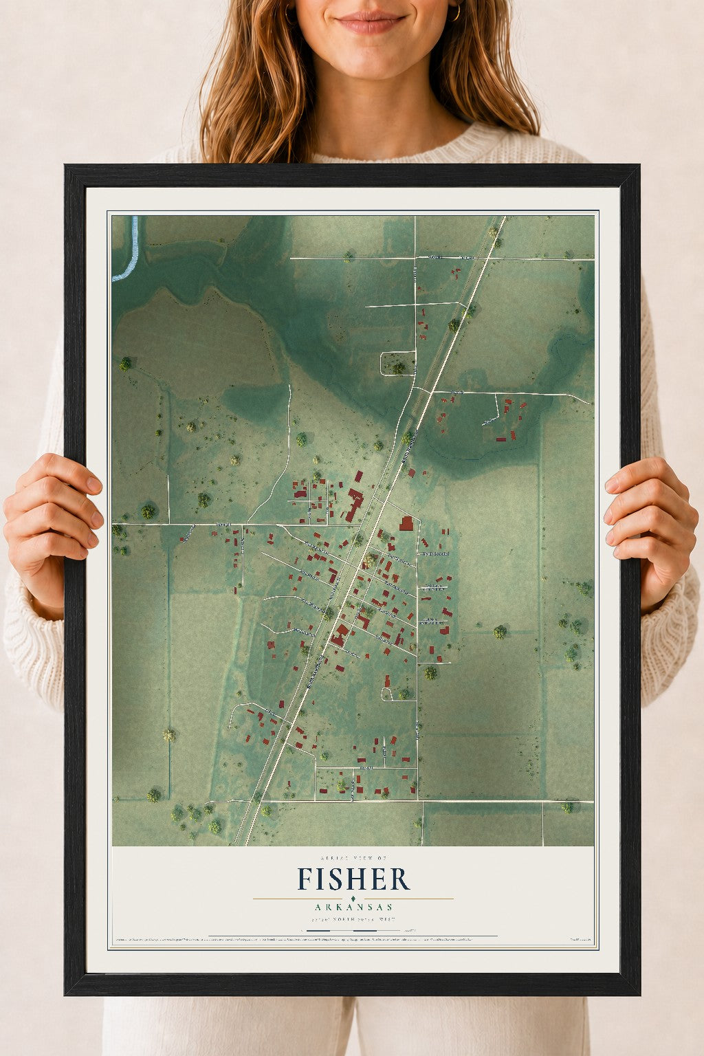 Map of Fisher, Arkansas, 18 x 24 inch print in a black wood frame