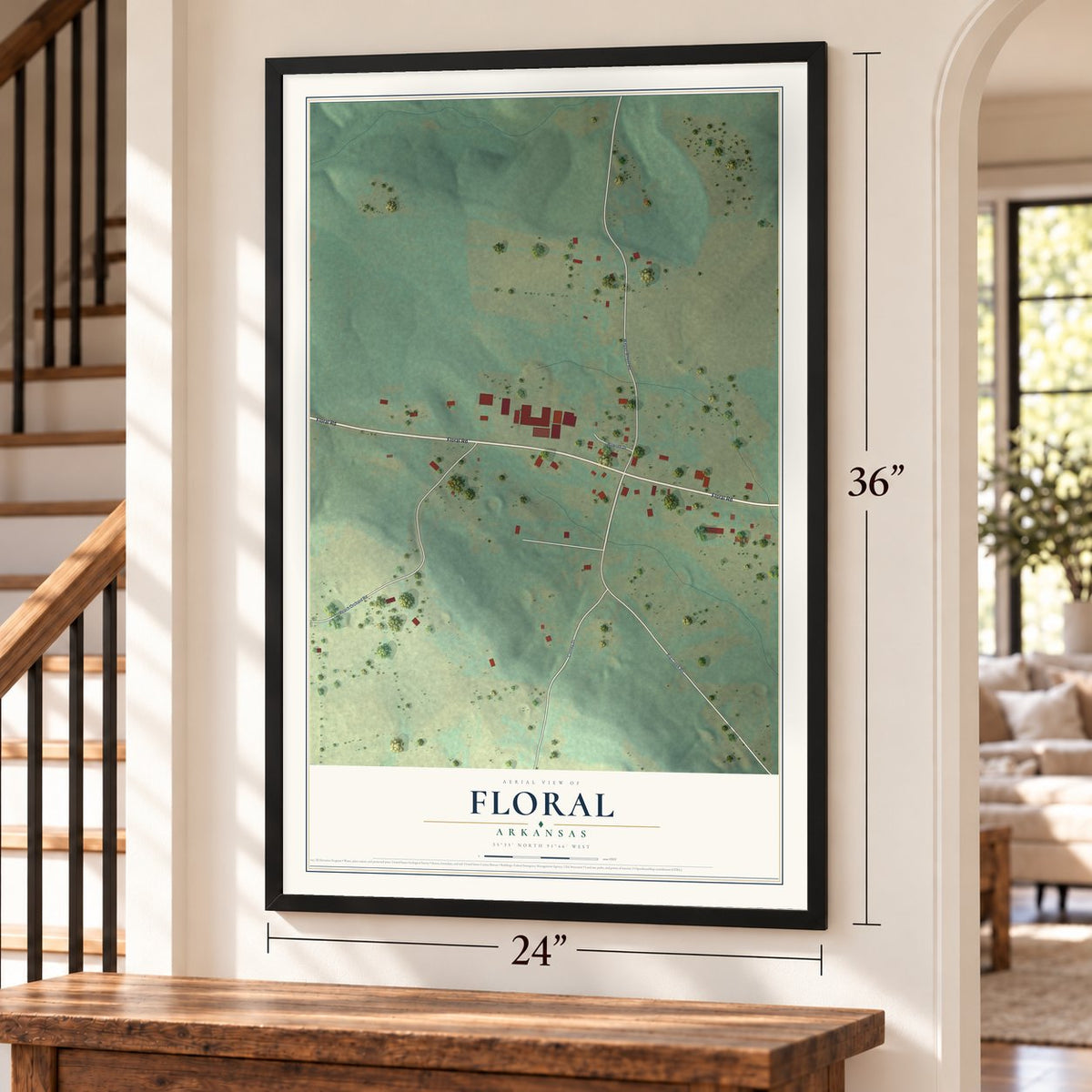 Floral, Arkansas map, 24 x 36 inch print in a black frame by a staircase