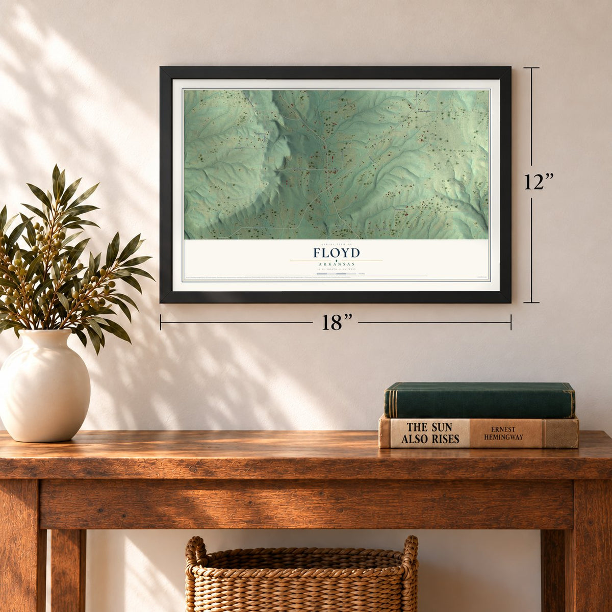 Floyd, Arkansas map, 12 x 18 inch print in a black frame in an entryway