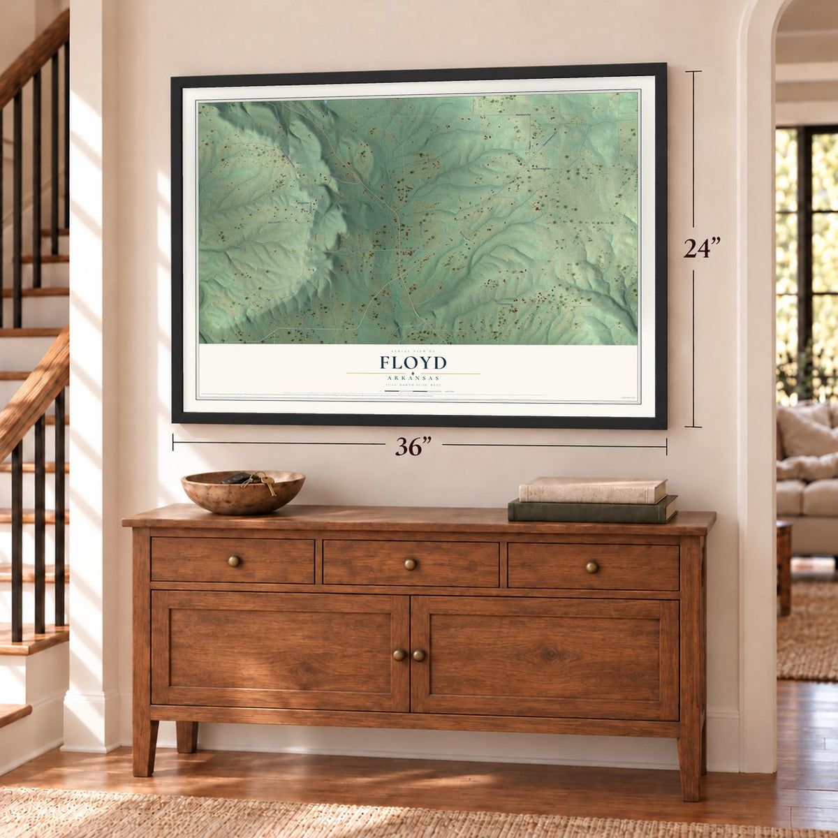 Floyd, Arkansas map, 24 x 36 inch print in a black frame above a dresser by a staircase