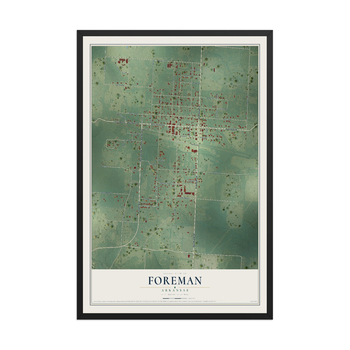 Map of Foreman, Arkansas, 12 x 18 inch print in a black wood frame