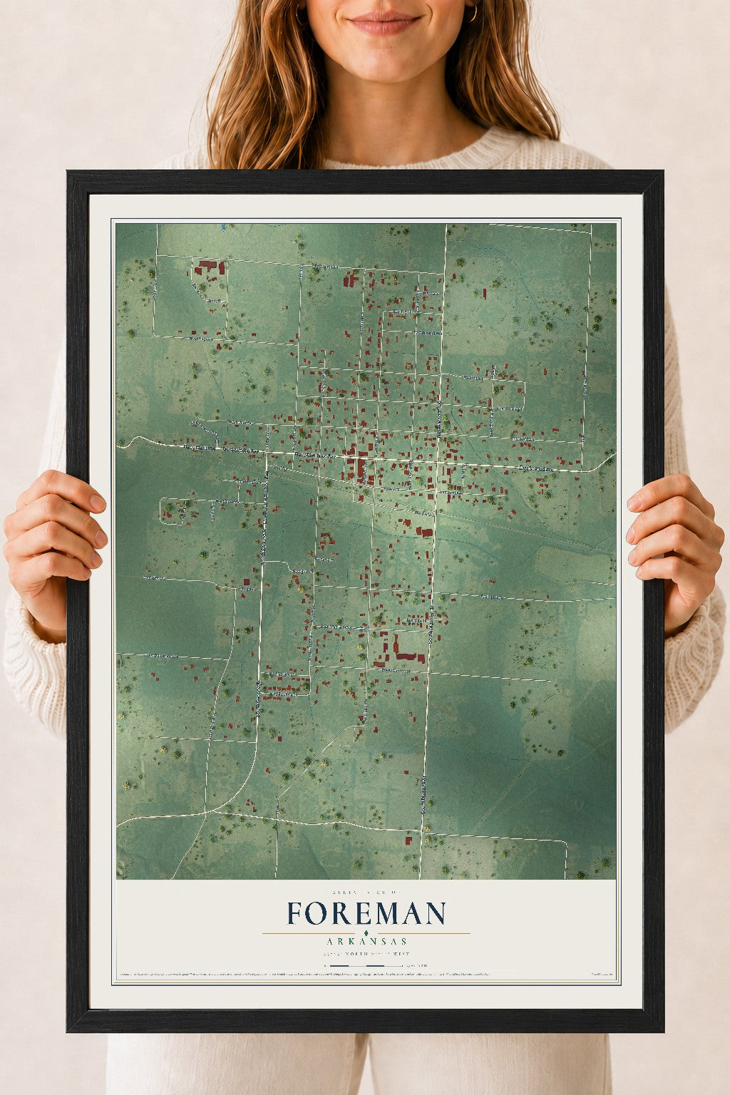 Map of Foreman, Arkansas, 18 x 24 inch print in a black wood frame