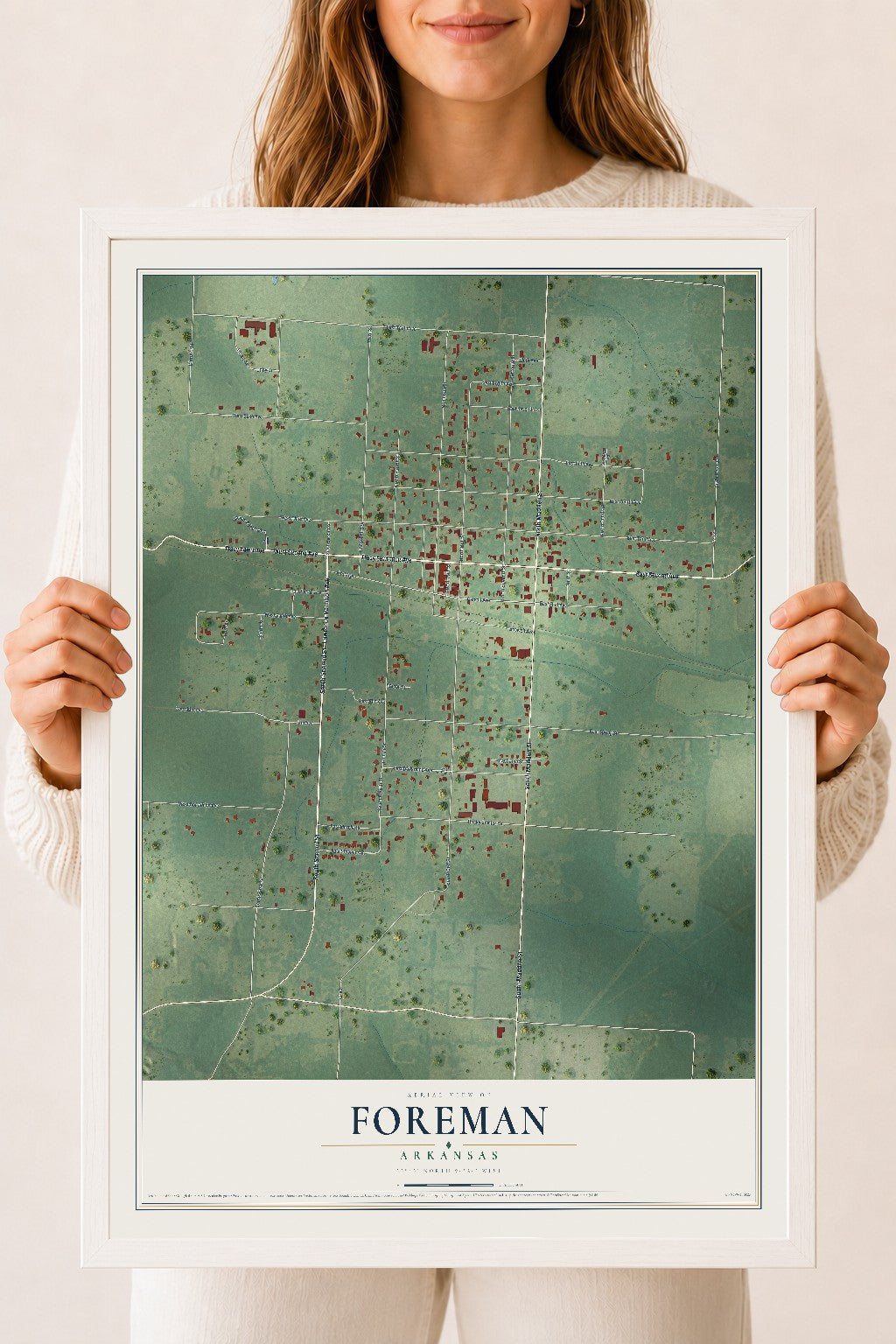 Map of Foreman, Arkansas, 18 x 24 inch print in a white wood frame