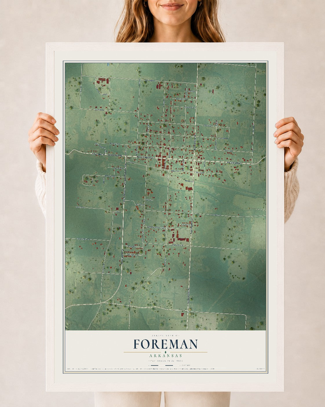 Map of Foreman, Arkansas, 24 x 36 inch print in a white wood frame