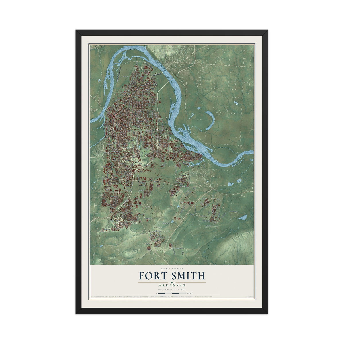 Map of Fort Smith, Arkansas, 12 x 18 inch print in a black wood frame