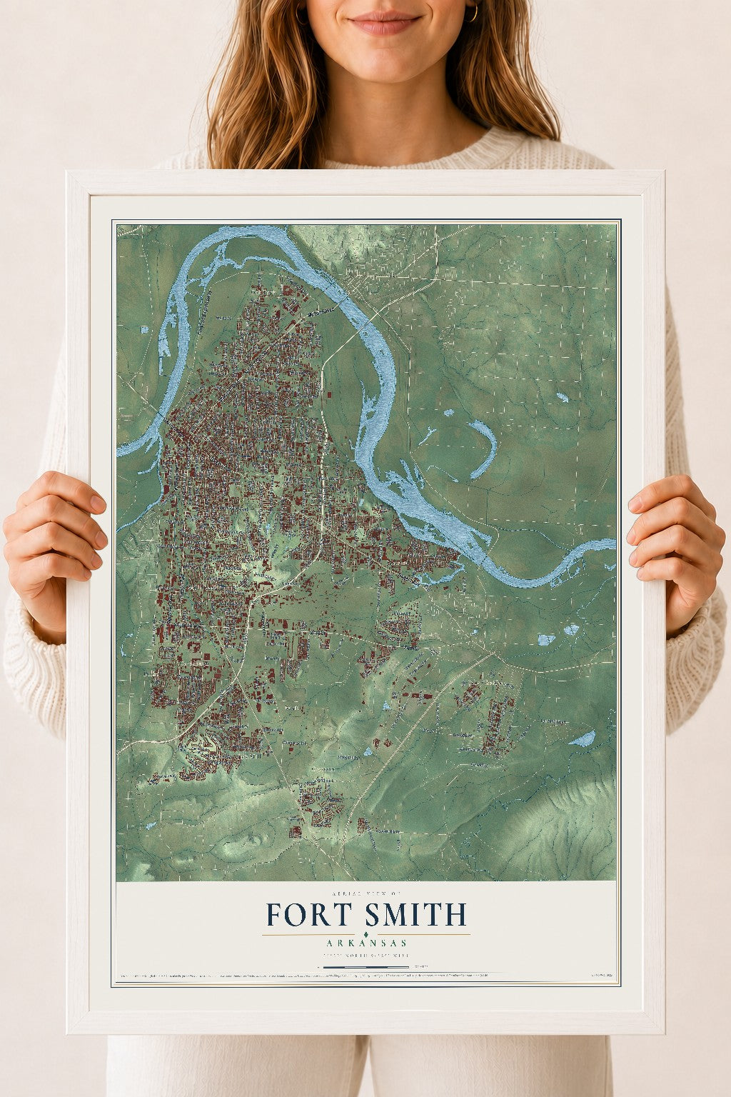 Map of Fort Smith, Arkansas, 18 x 24 inch print in a white wood frame