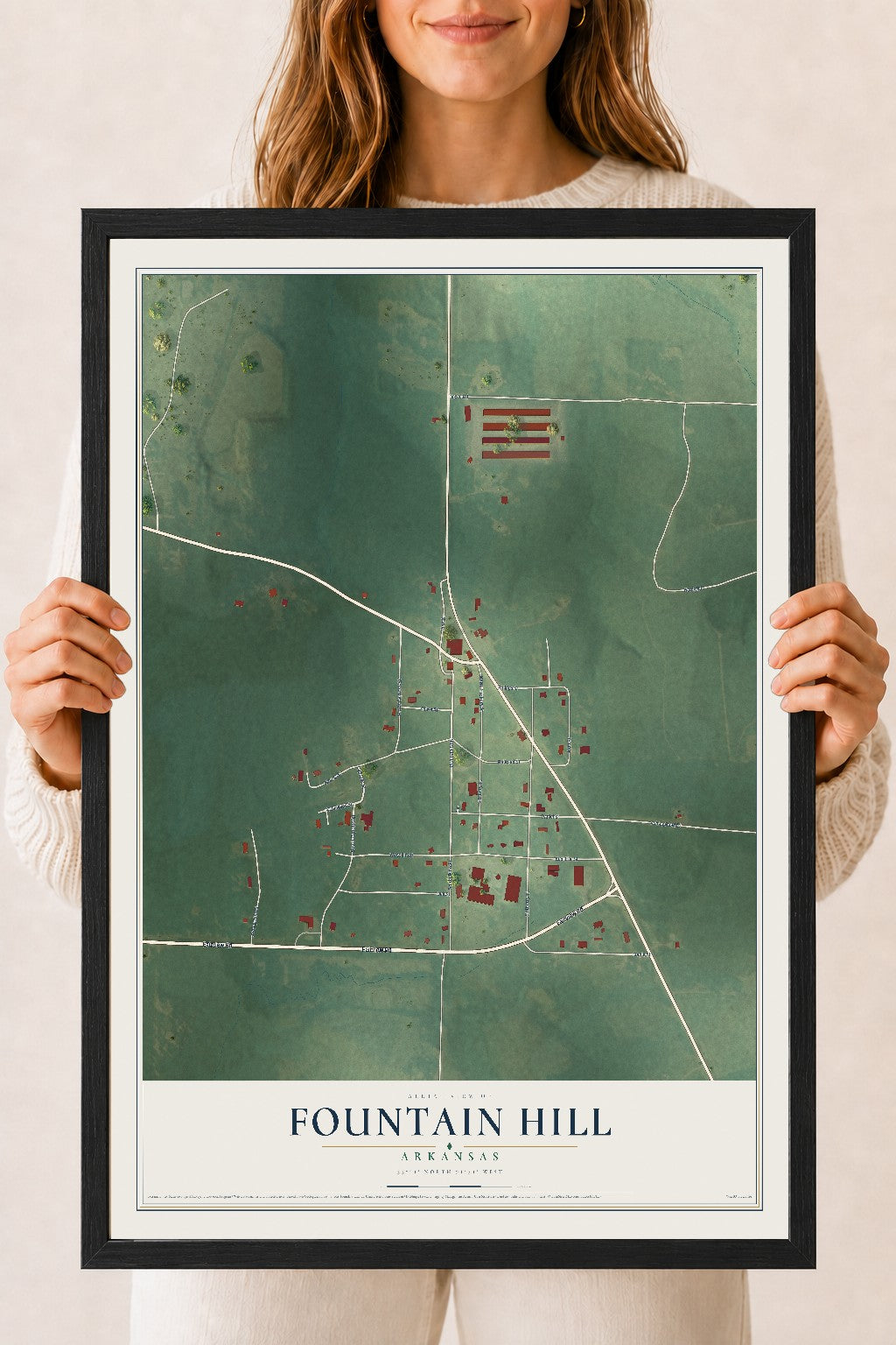 Map of Fountain Hill, Arkansas, 18 x 24 inch print in a black wood frame