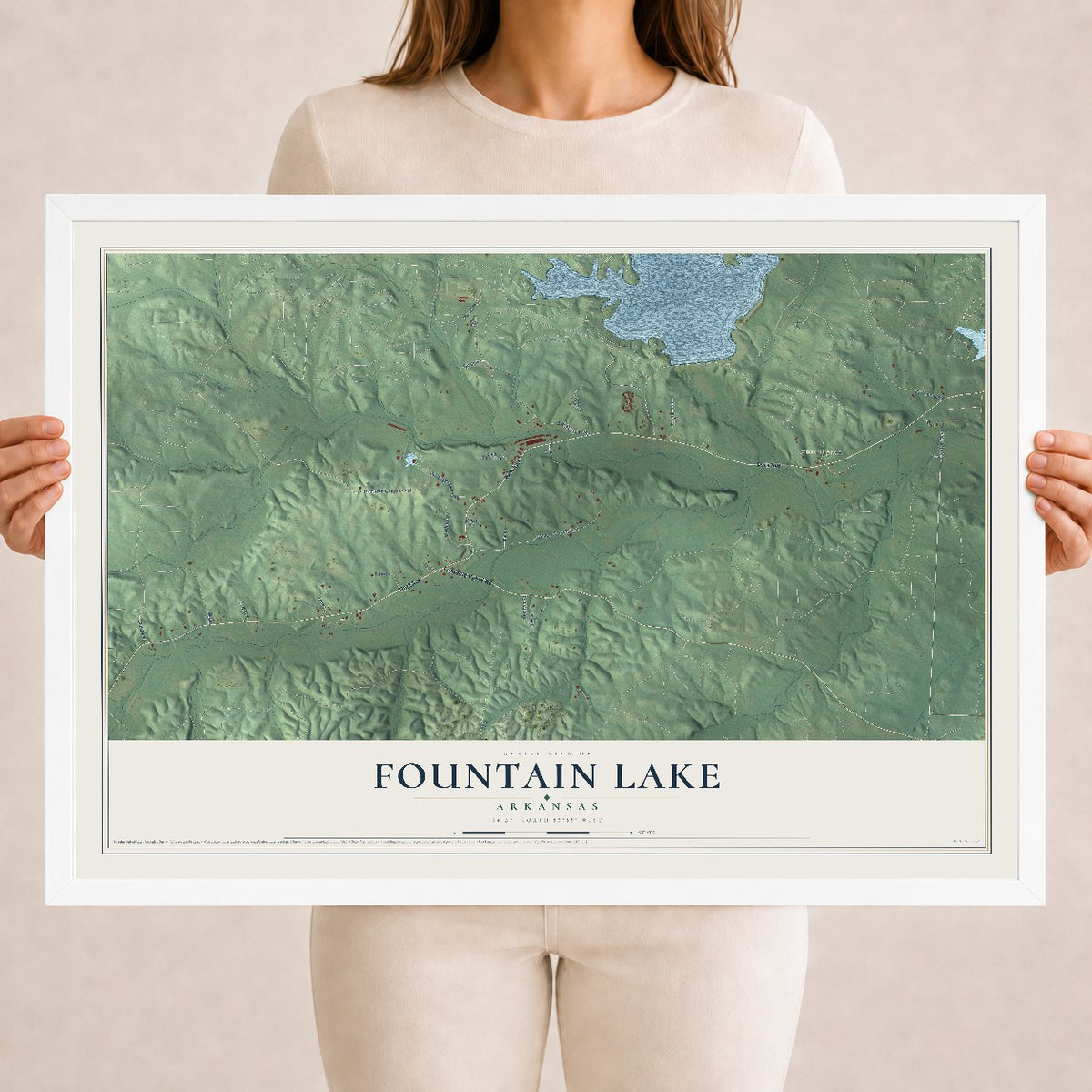 Map of Fountain Lake, Arkansas, 18 x 24 inch print in a white wood frame