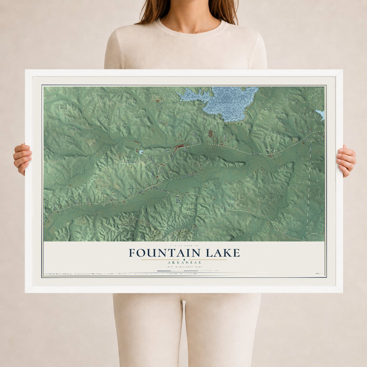 Map of Fountain Lake, Arkansas, 24 x 36 inch print in a white wood frame
