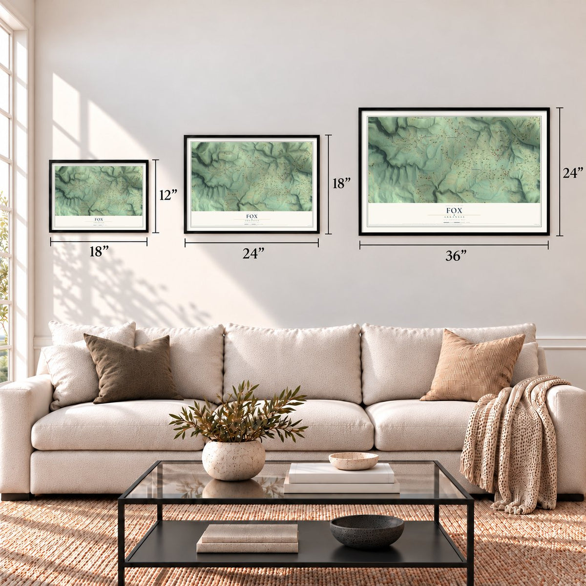 Fox, Arkansas map in 12 x 18, 18 x 24 and 24 x 36 inch sizes above a sofa