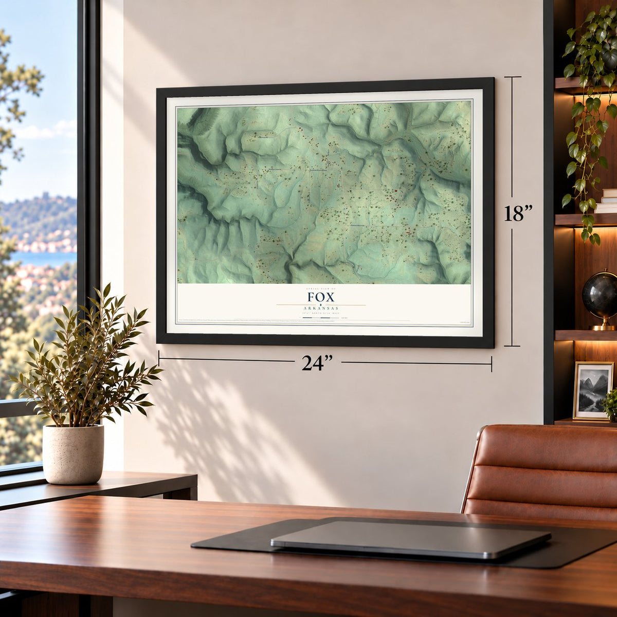 Fox, Arkansas map, 18 x 24 inch print in a black frame in a home office