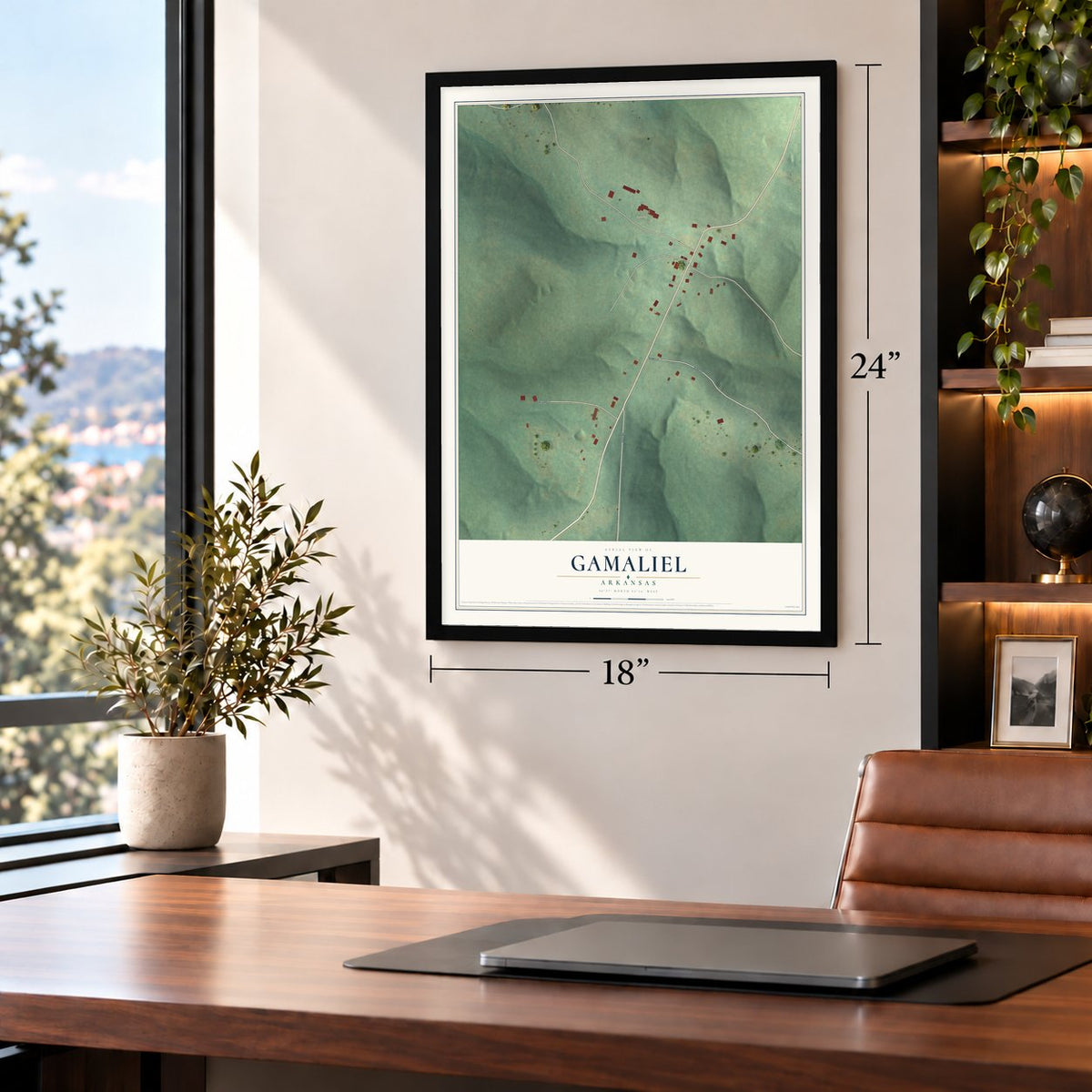 Gamaliel, Arkansas map, 18 x 24 inch print in a black frame in a home office