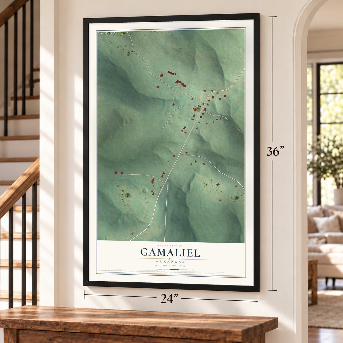 Gamaliel, Arkansas map, 24 x 36 inch print in a black frame by a staircase