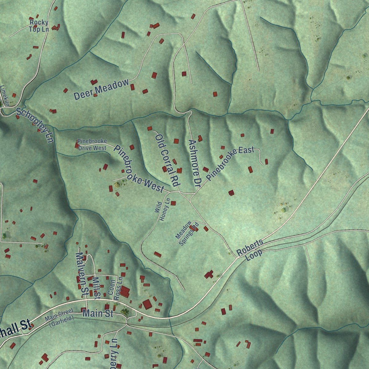 Close-up of the map of Garfield, Arkansas print showing street and building detail