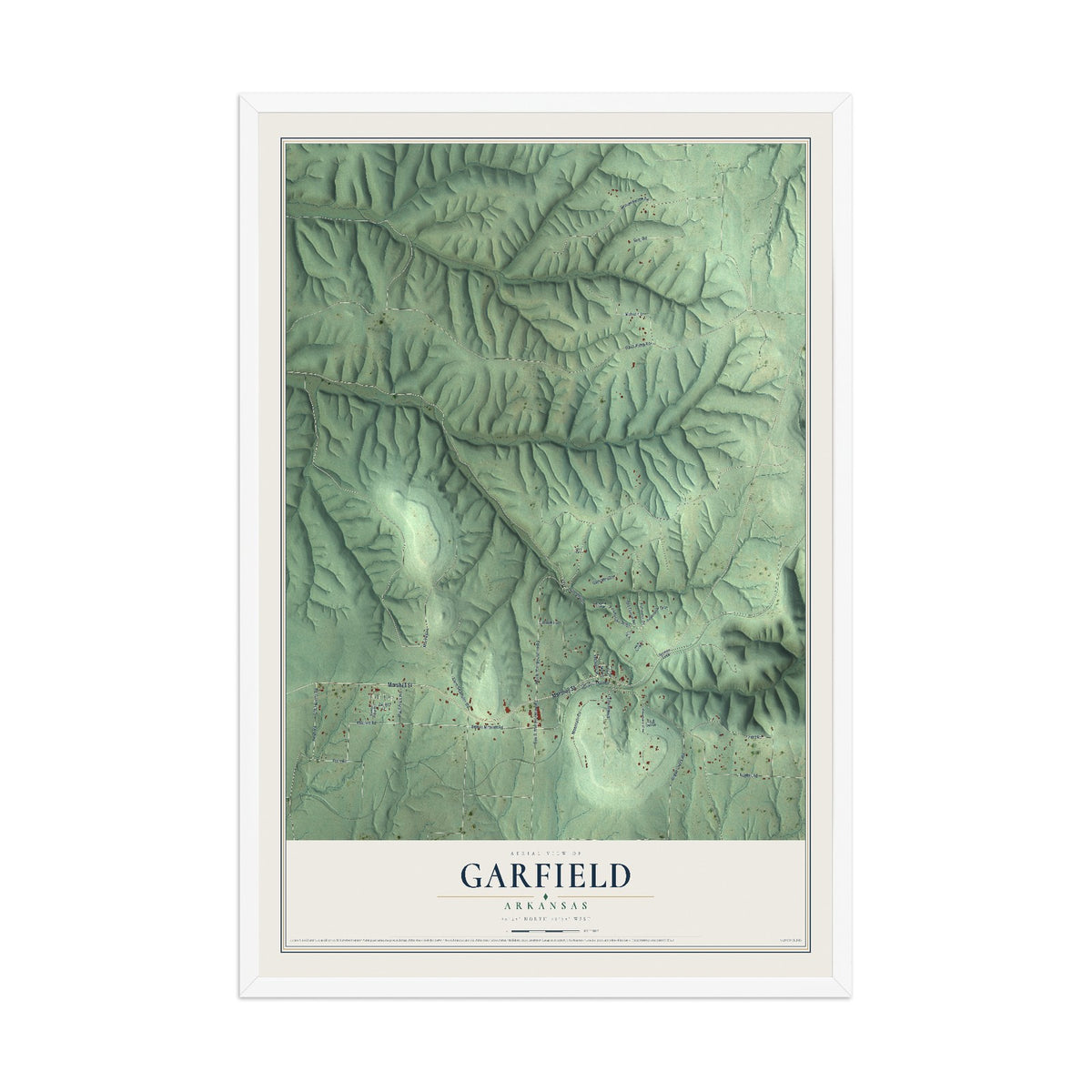 Map of Garfield, Arkansas, 12 x 18 inch print in a white wood frame