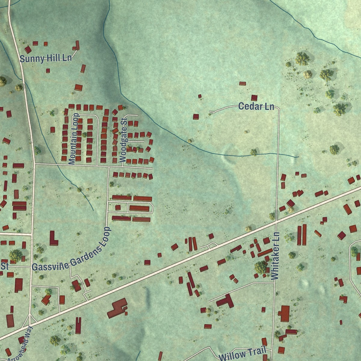 Second close-up of the map of Gassville, Arkansas print showing more streets and buildings