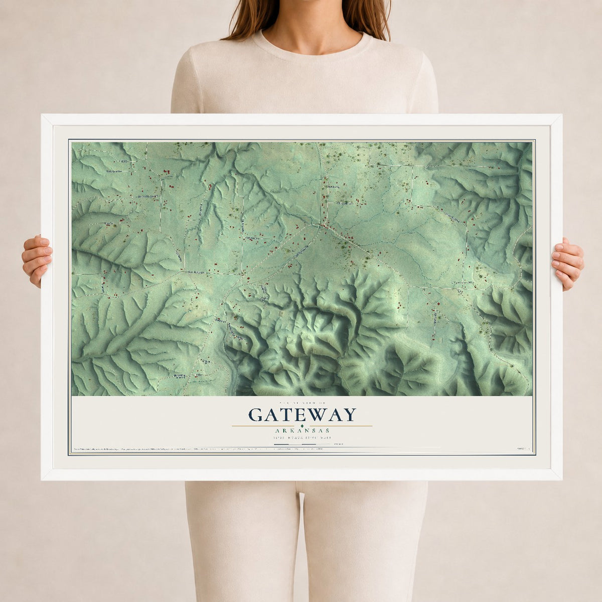 Map of Gateway, Arkansas, 24 x 36 inch print in a white wood frame