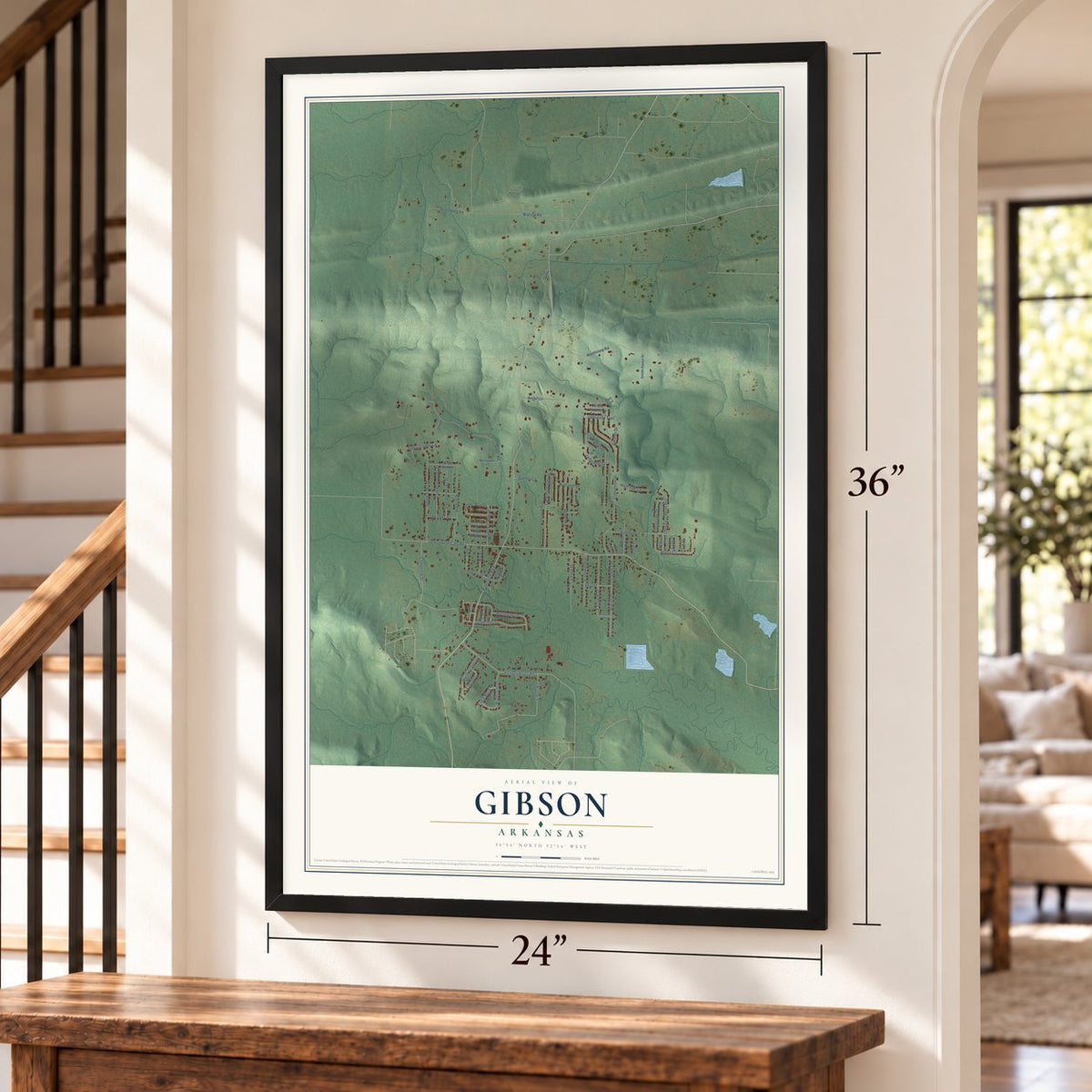 Gibson, Arkansas map, 24 x 36 inch print in a black frame by a staircase