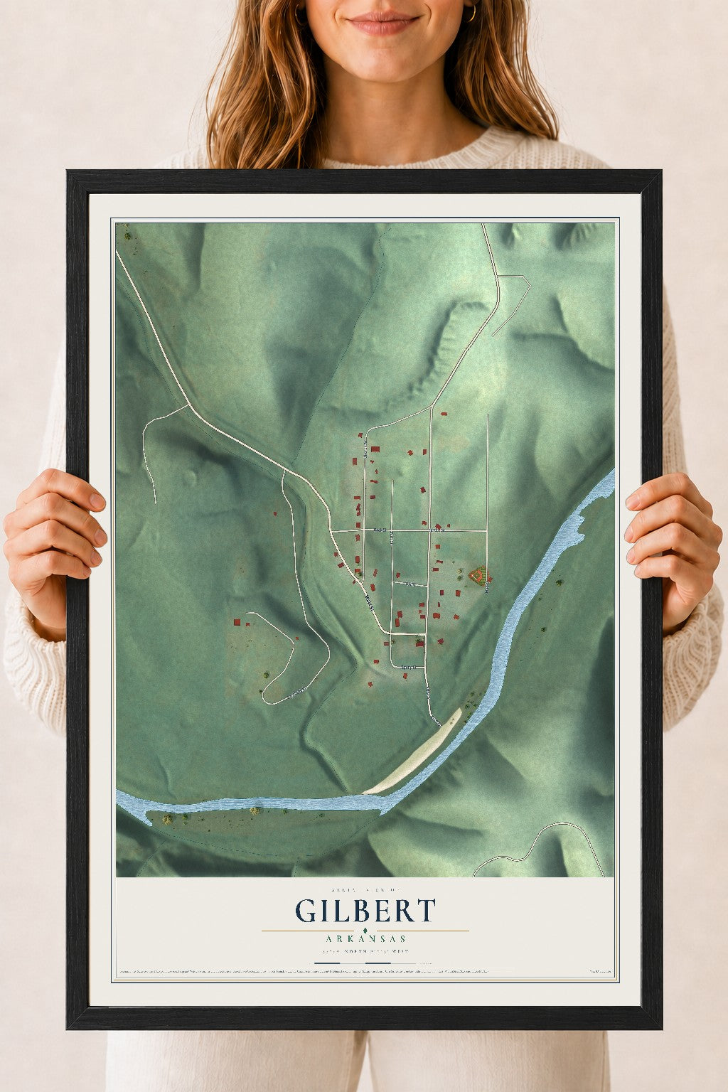 Map of Gilbert, Arkansas, 18 x 24 inch print in a black wood frame