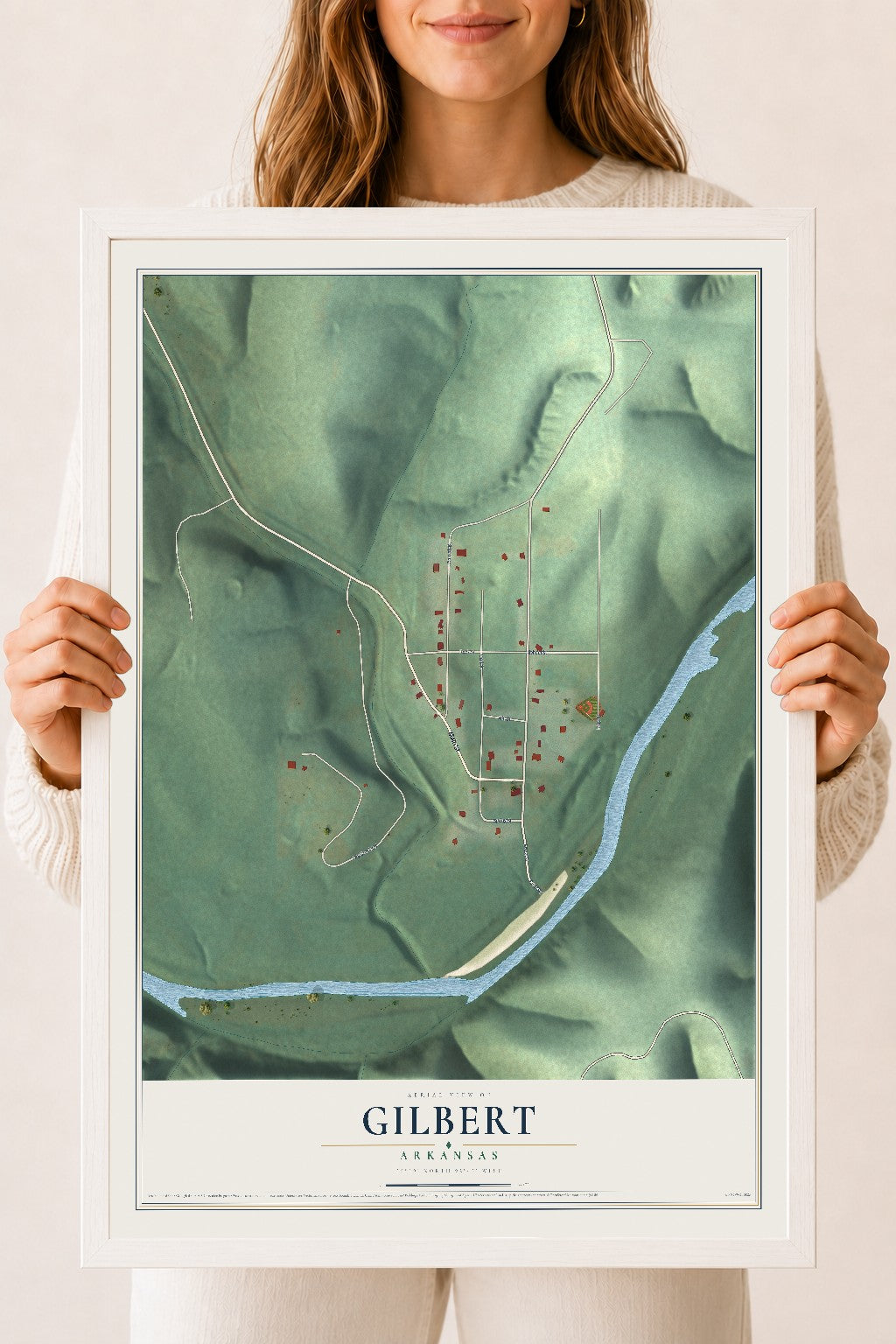 Map of Gilbert, Arkansas, 18 x 24 inch print in a white wood frame