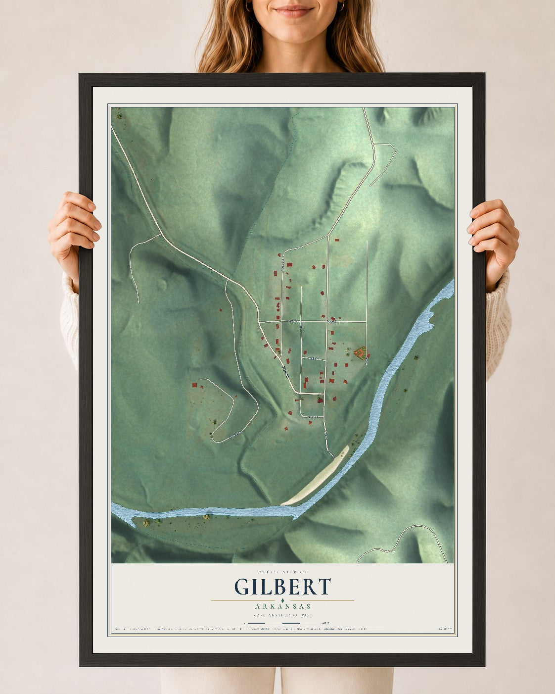 Map of Gilbert, Arkansas, 24 x 36 inch print in a black wood frame