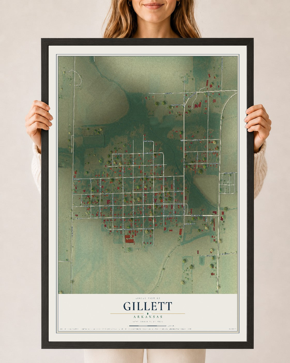 Map of Gillett, Arkansas, 24 x 36 inch print in a black wood frame