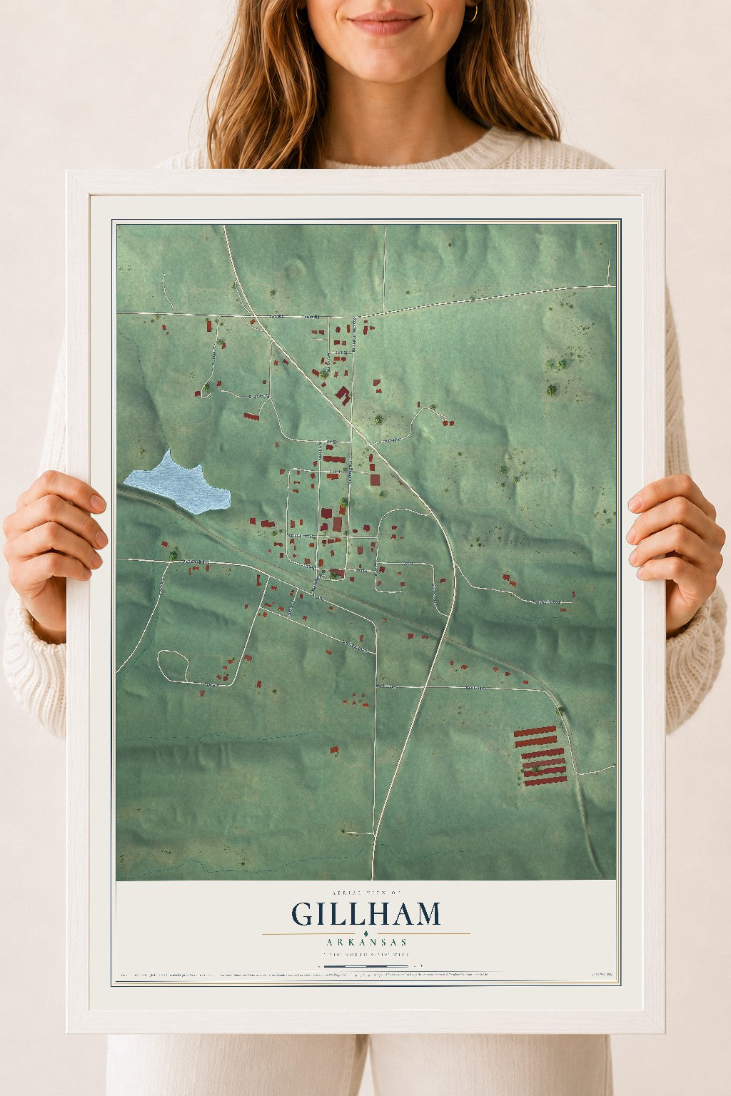 Map of Gillham, Arkansas, 18 x 24 inch print in a white wood frame