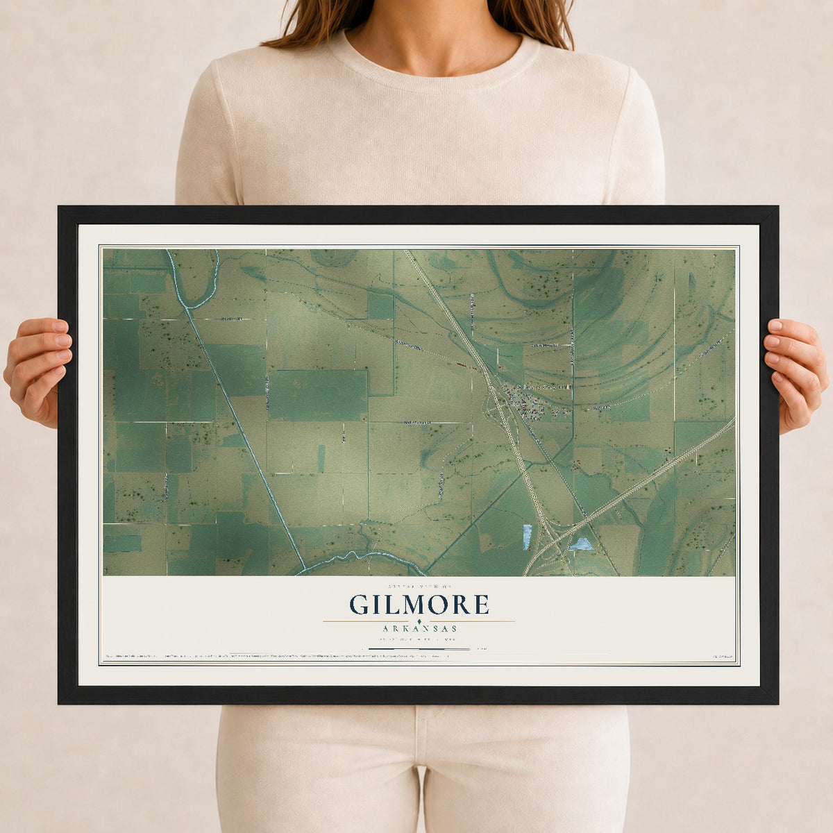 Map of Gilmore, Arkansas, 12 x 18 inch print in a black wood frame