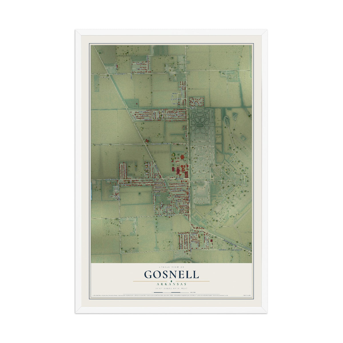 Map of Gosnell, Arkansas, 12 x 18 inch print in a white wood frame