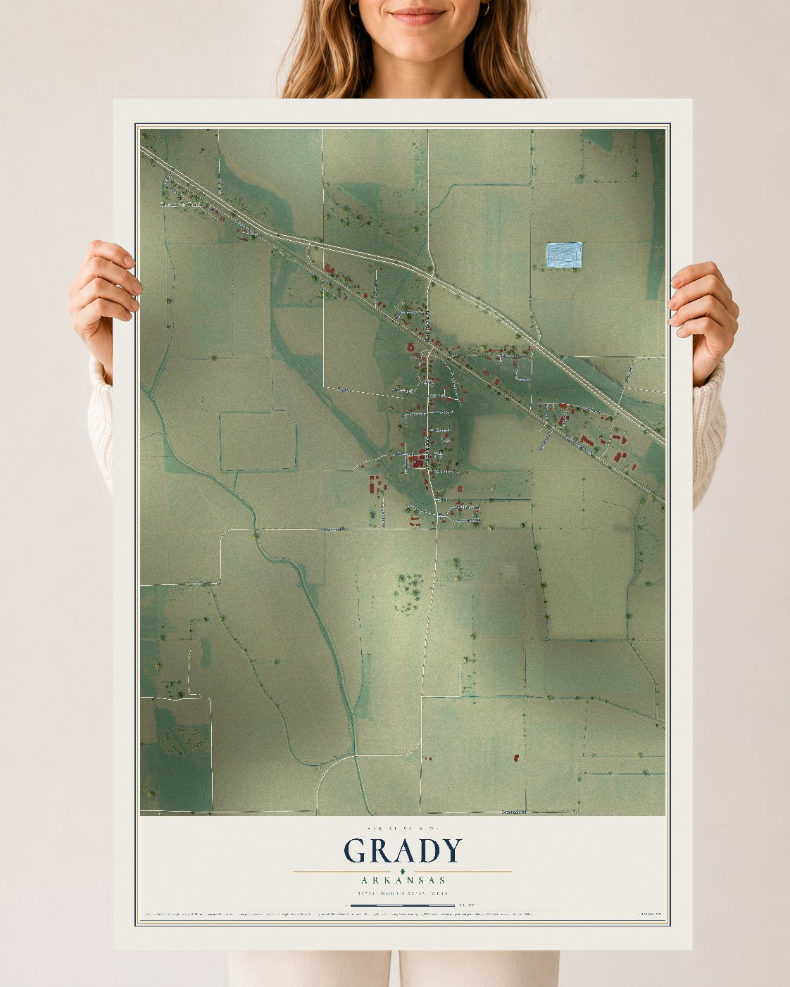 Map of Grady, Arkansas, 24 x 36 inch unframed archival matte print