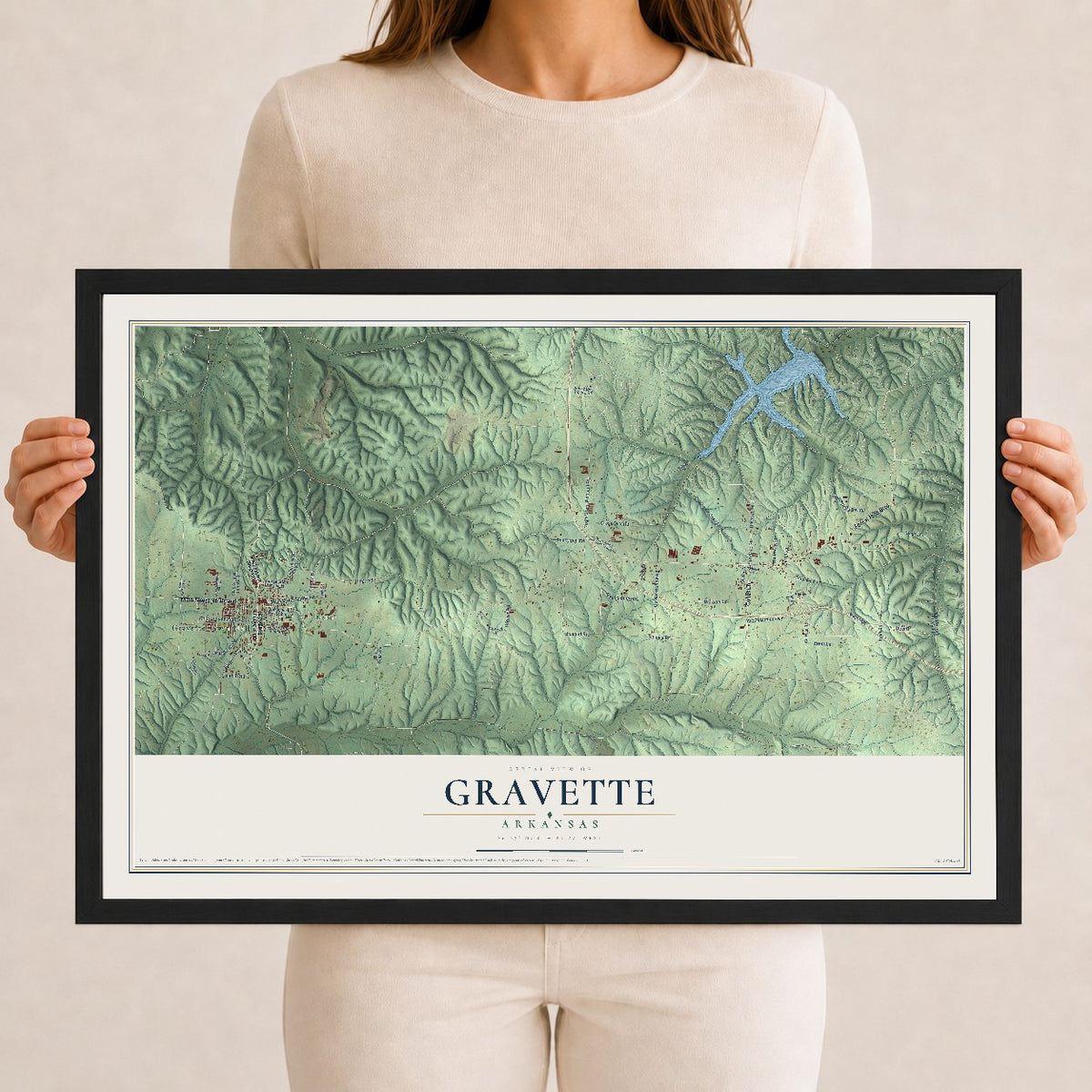 Map of Gravette, Arkansas, 12 x 18 inch print in a black wood frame
