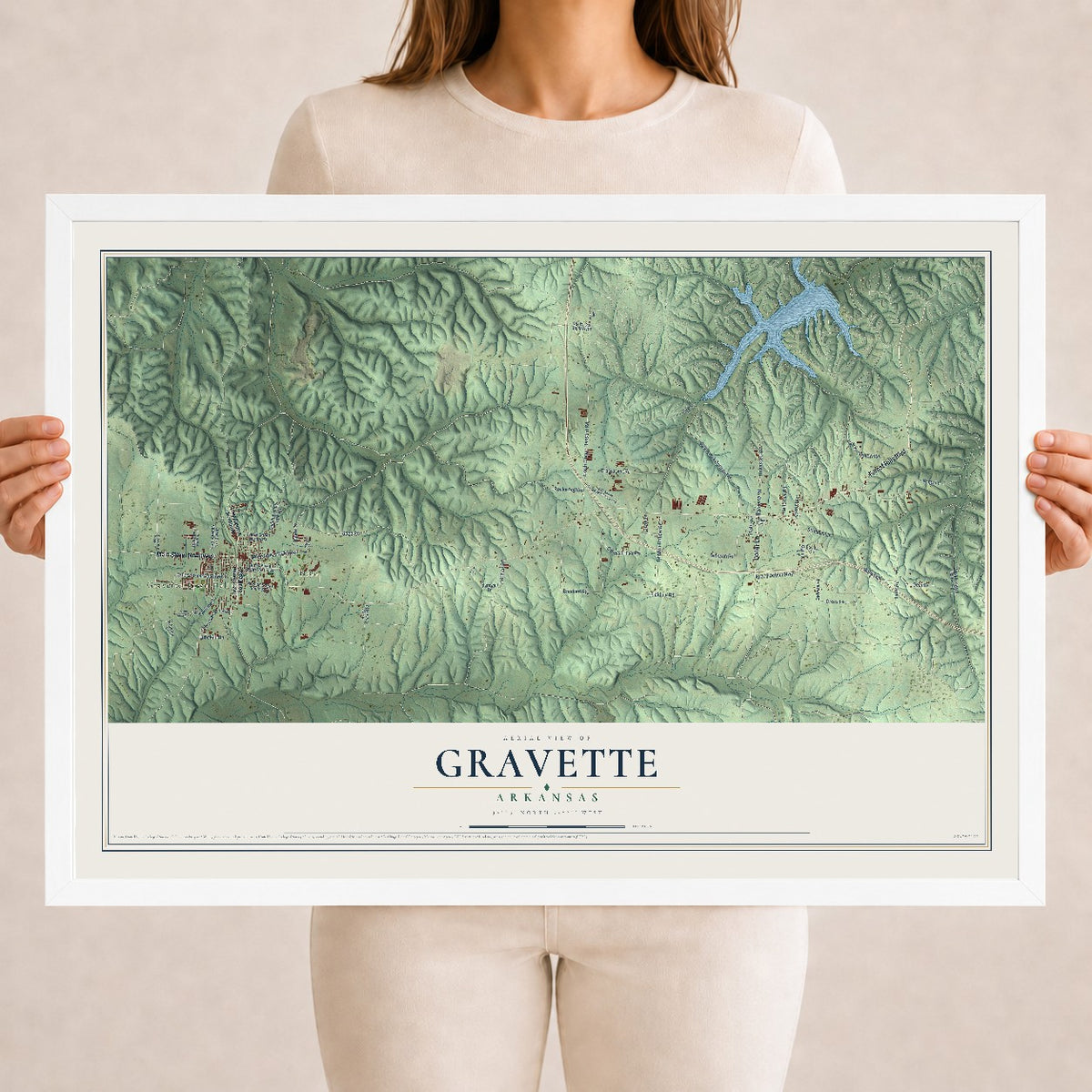 Map of Gravette, Arkansas, 18 x 24 inch print in a white wood frame