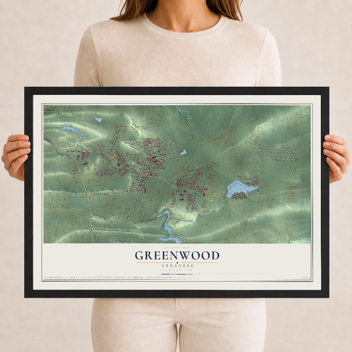 Map of Greenwood, Arkansas, 12 x 18 inch print in a black wood frame