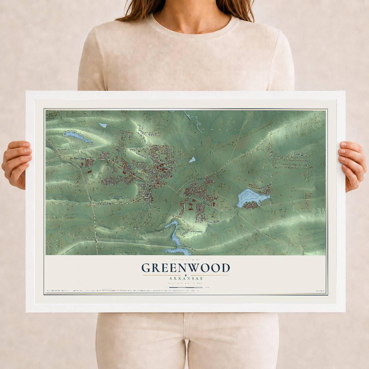 Map of Greenwood, Arkansas, 12 x 18 inch print in a white wood frame