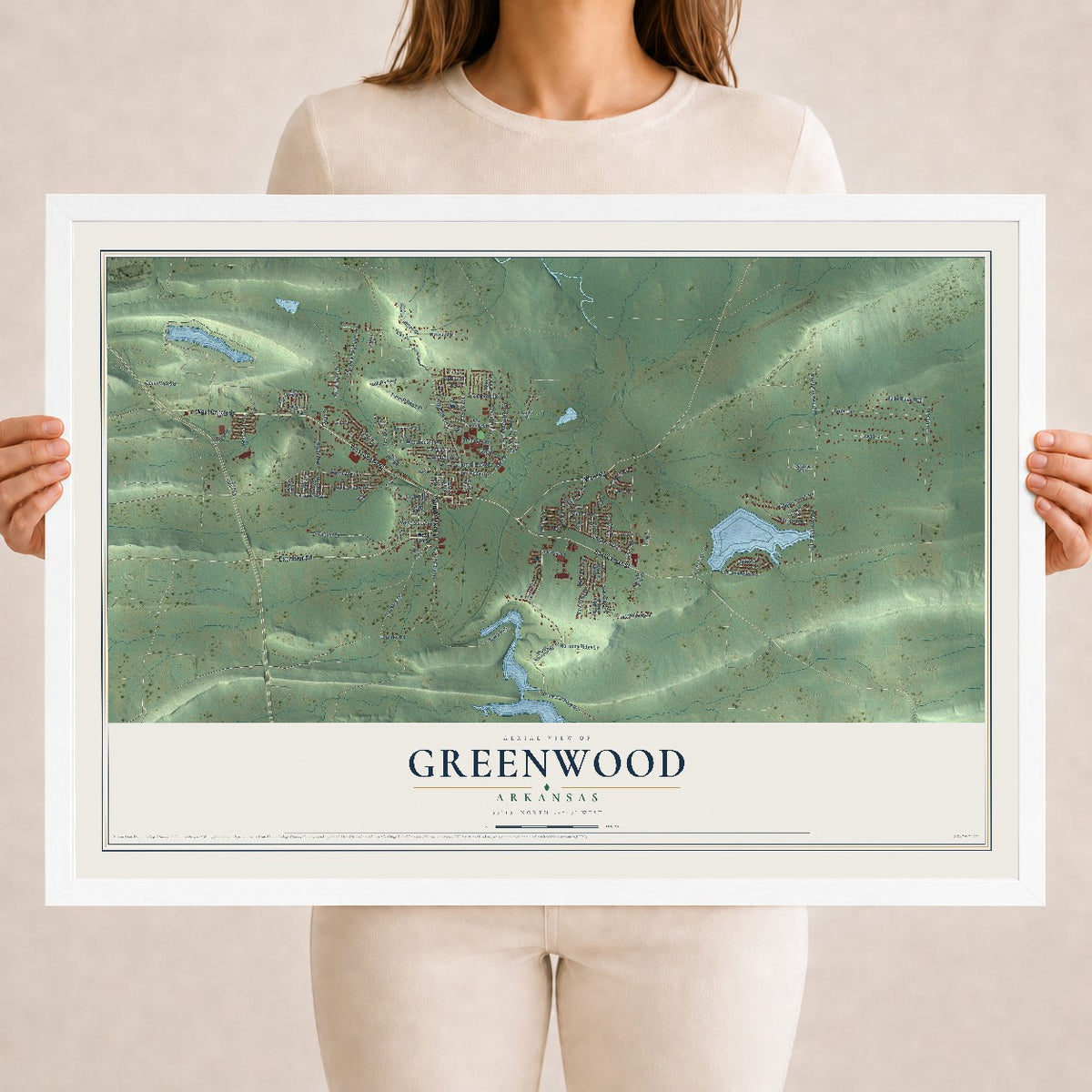 Map of Greenwood, Arkansas, 18 x 24 inch print in a white wood frame