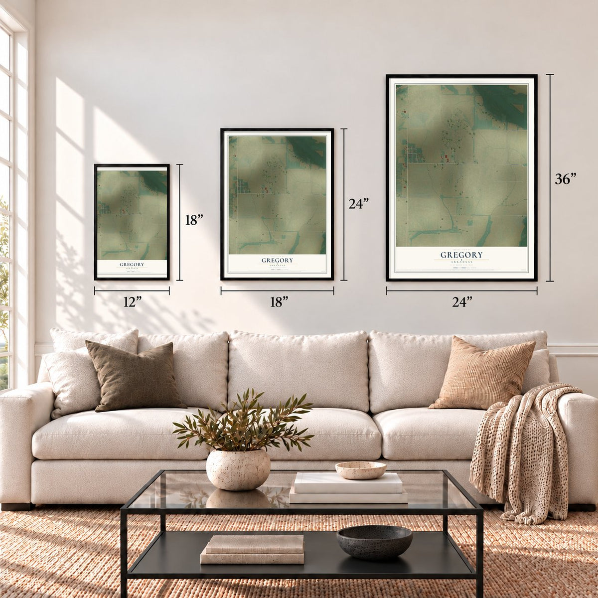 Gregory, Arkansas map in 12 x 18, 18 x 24 and 24 x 36 inch sizes above a sofa