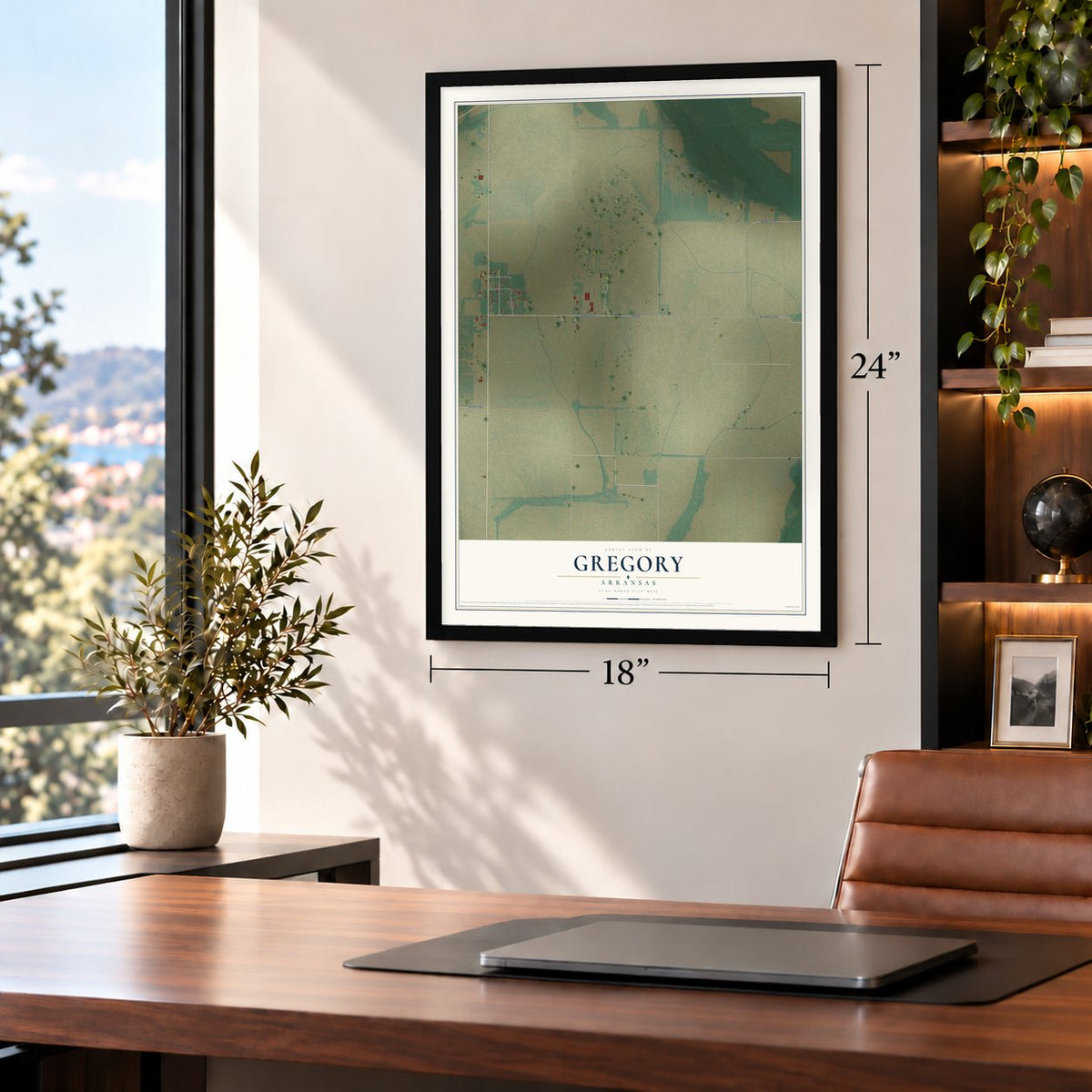 Gregory, Arkansas map, 18 x 24 inch print in a black frame in a home office