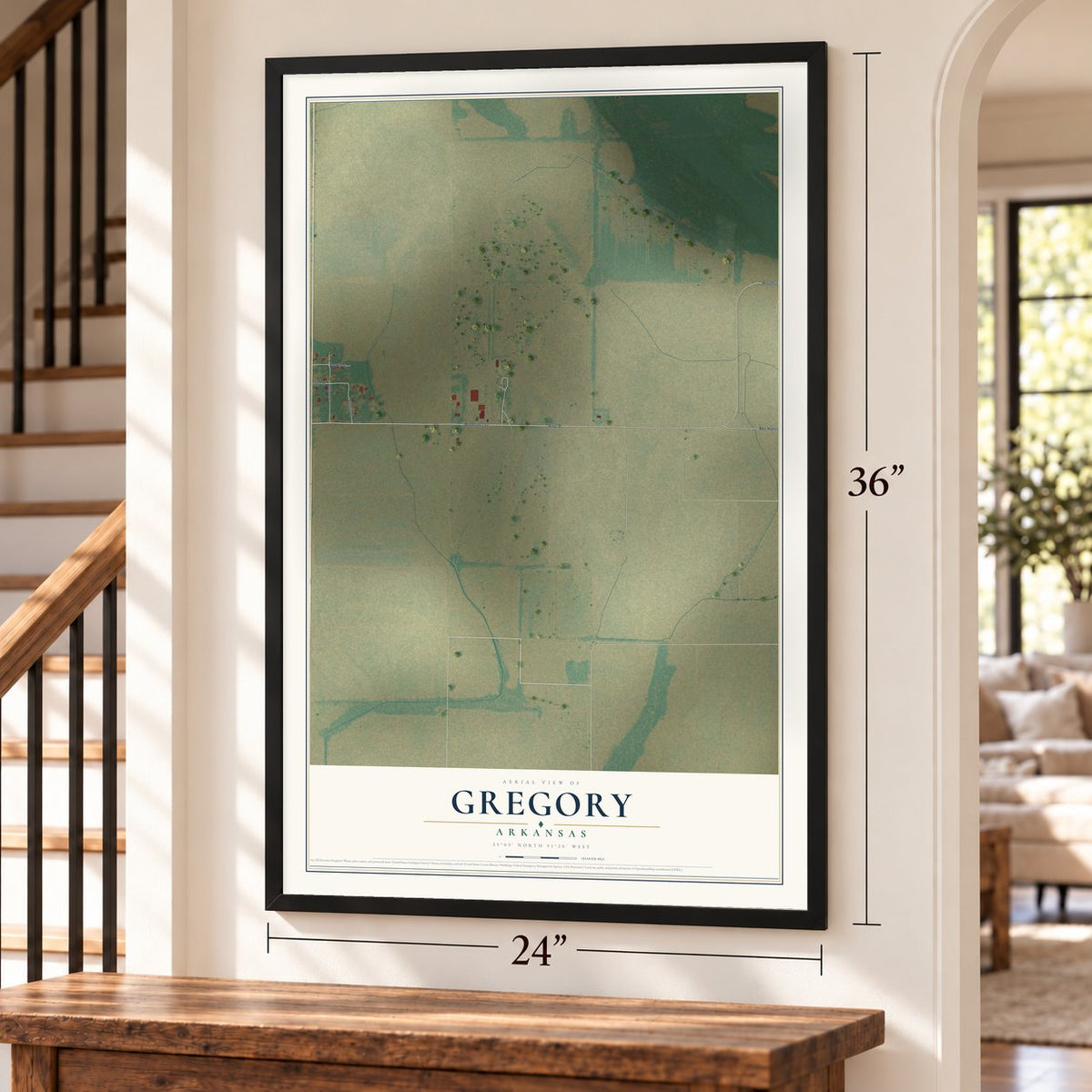 Gregory, Arkansas map, 24 x 36 inch print in a black frame by a staircase