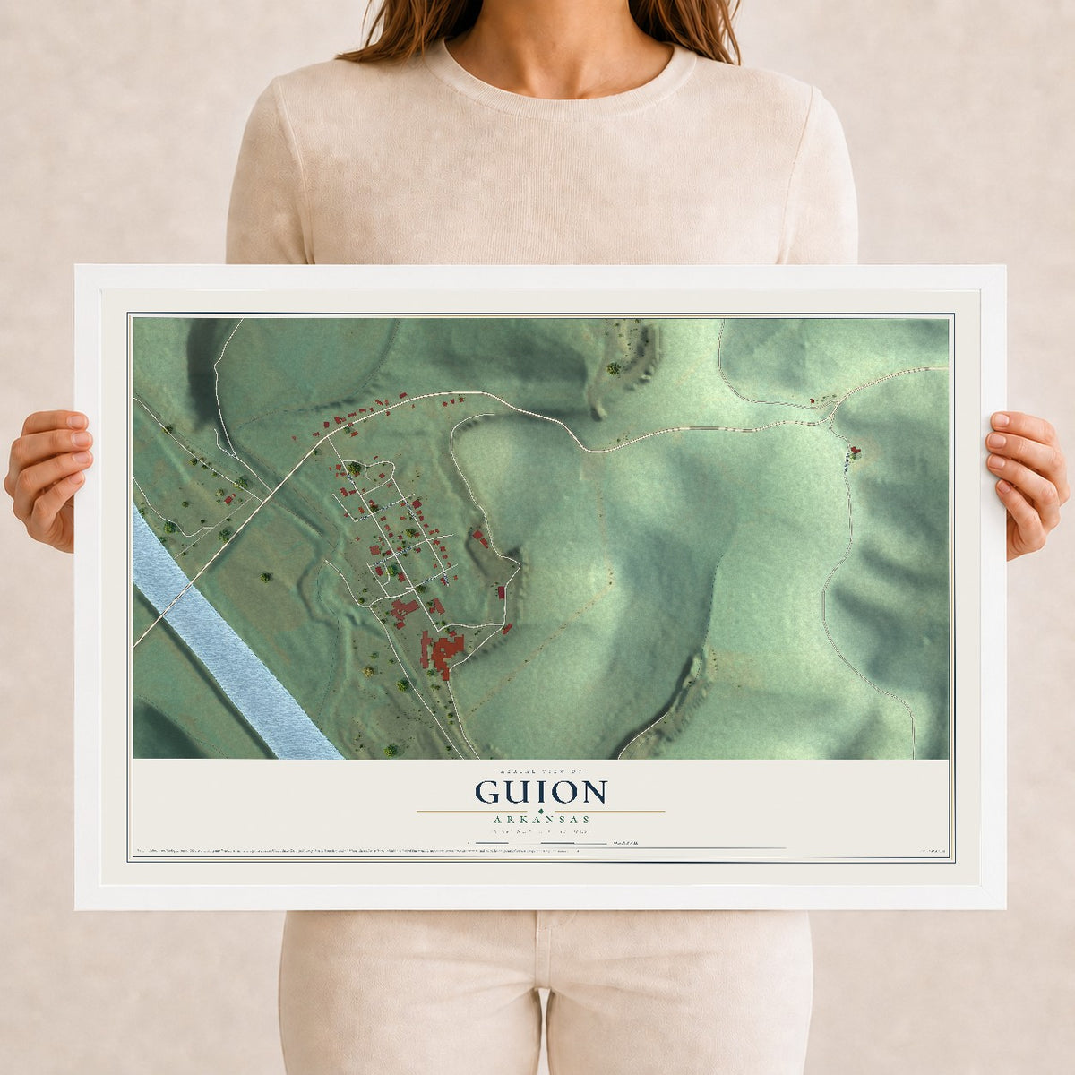 Map of Guion, Arkansas, 12 x 18 inch print in a white wood frame