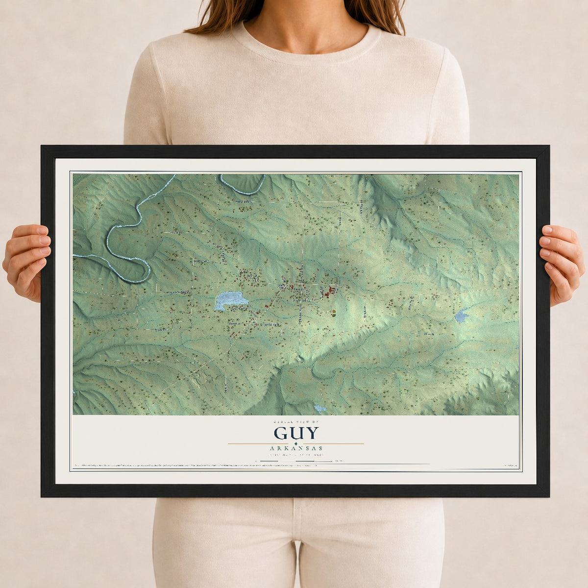 Map of Guy, Arkansas, 12 x 18 inch print in a black wood frame
