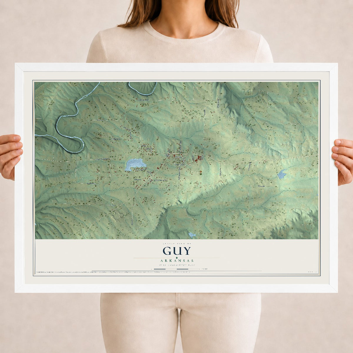 Map of Guy, Arkansas, 18 x 24 inch print in a white wood frame