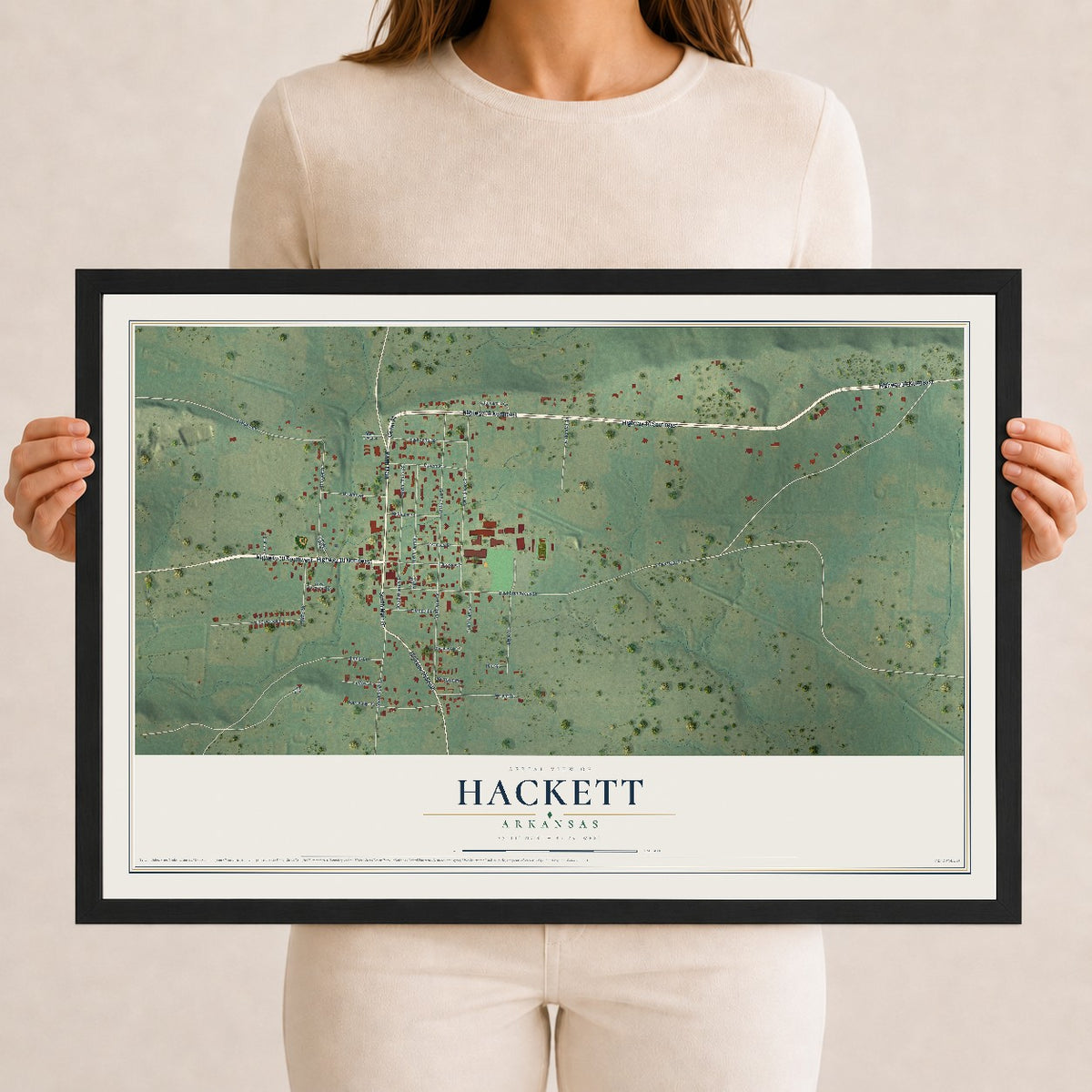Map of Hackett, Arkansas, 12 x 18 inch print in a black wood frame