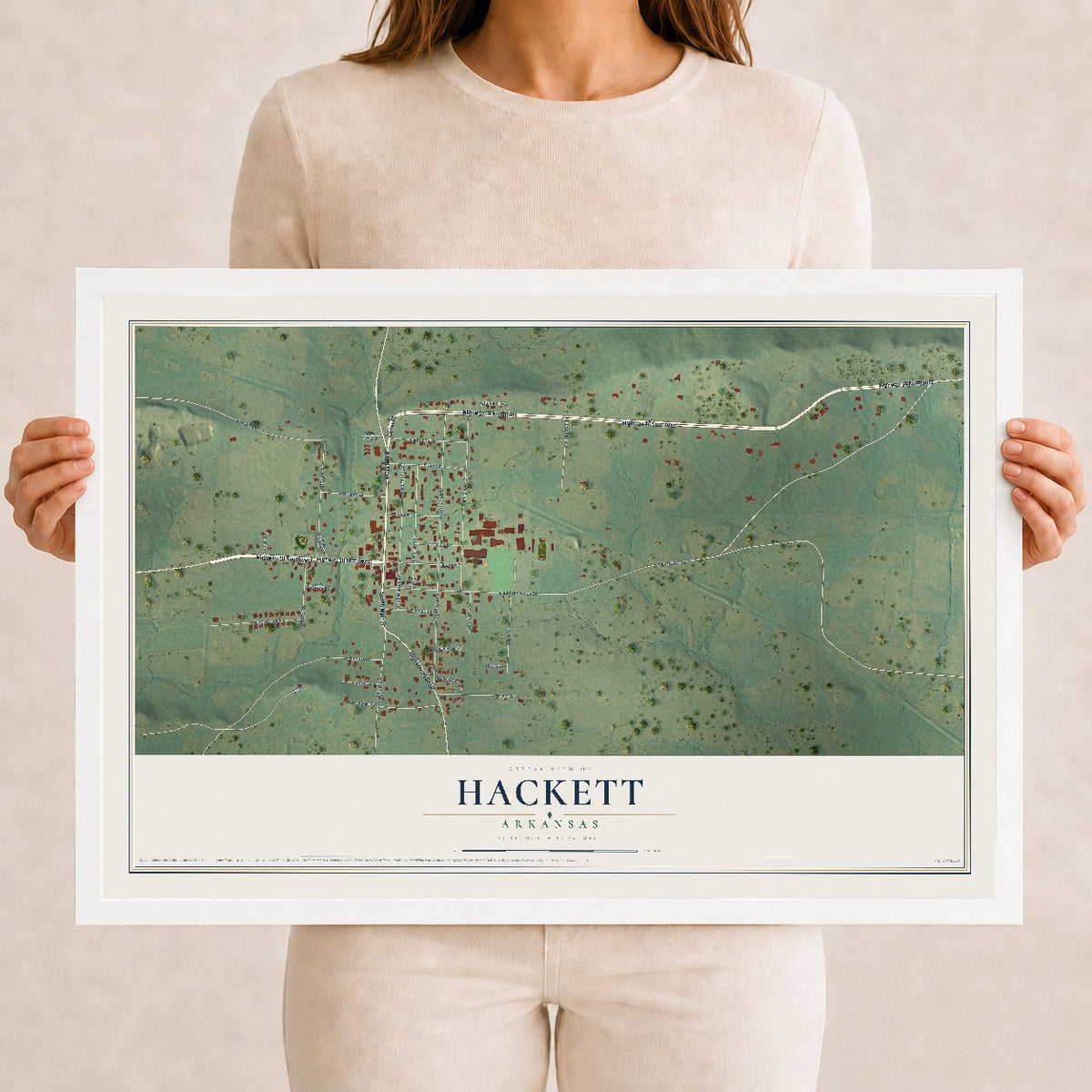 Map of Hackett, Arkansas, 12 x 18 inch print in a white wood frame